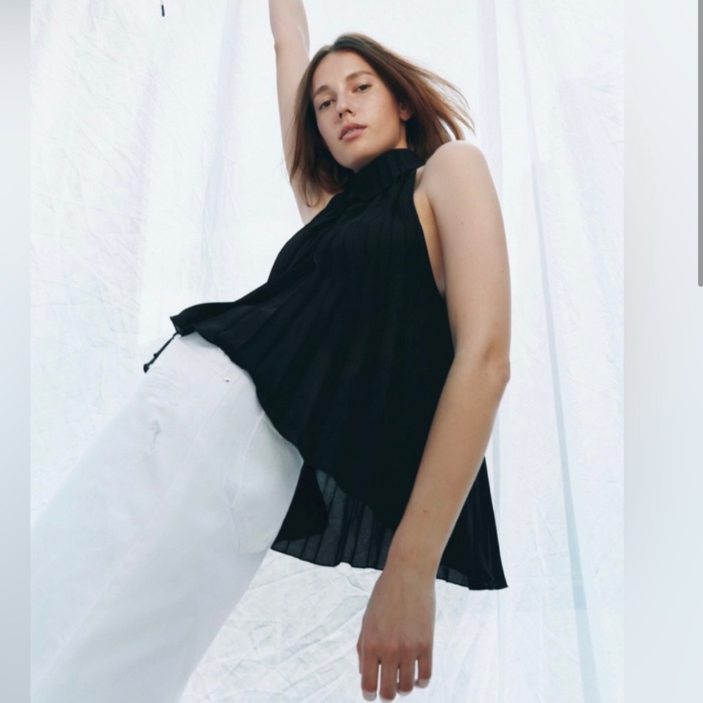 Zara Black High Neck Pleated Chiffon Top